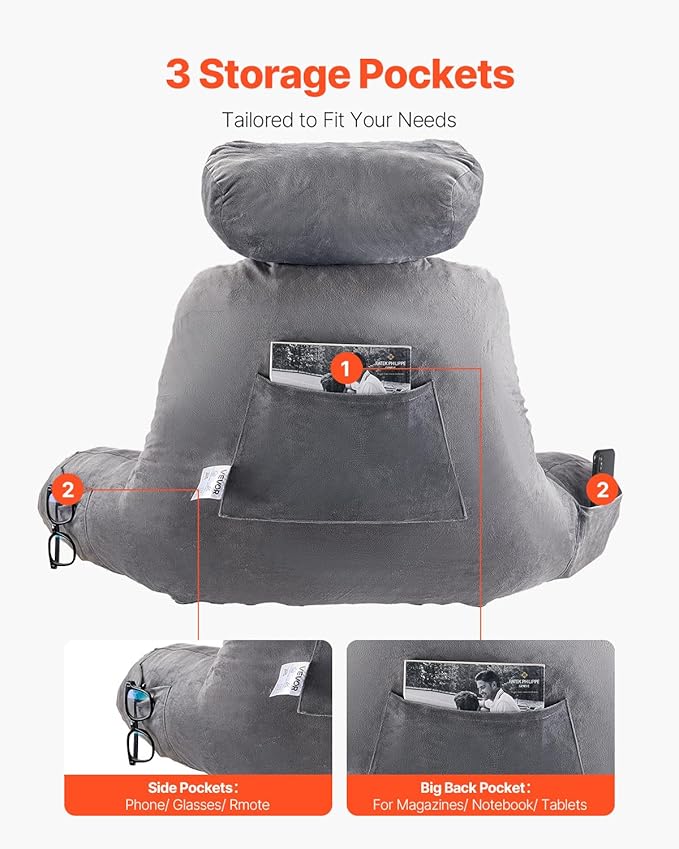 VEVOR Reading Pillow, Extra Large Bed Pillow for Sitting Up with Removable Headrest &3 Pockets, Back Pillow for Bed with Shredded Memory Foam, Pillow with Arms for Reading, Gaming, Resting, Grey