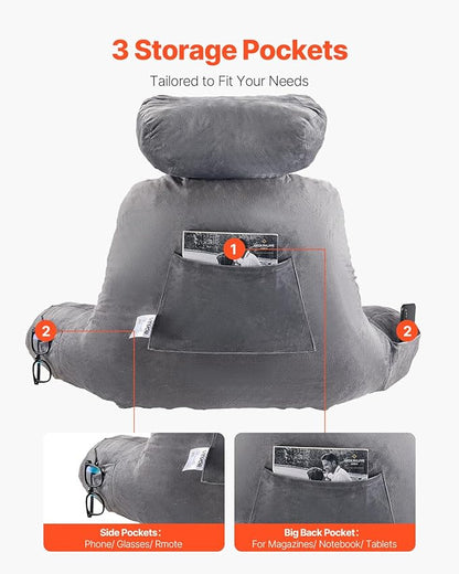 VEVOR Reading Pillow, Extra Large Bed Pillow for Sitting Up with Removable Headrest &3 Pockets, Back Pillow for Bed with Shredded Memory Foam, Pillow with Arms for Reading, Gaming, Resting, Grey
