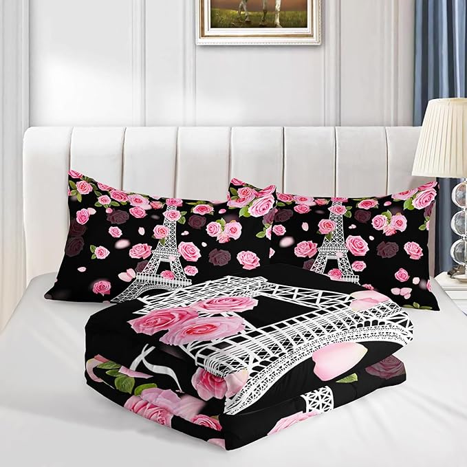 Eiffel Tower Comforter Set Full Size Girls Pink Rose Paris Bedding Set Romantic Theme Decor Adult Women Couple Quilted Bed Set with 1 Comforter and 2 Pillowcases