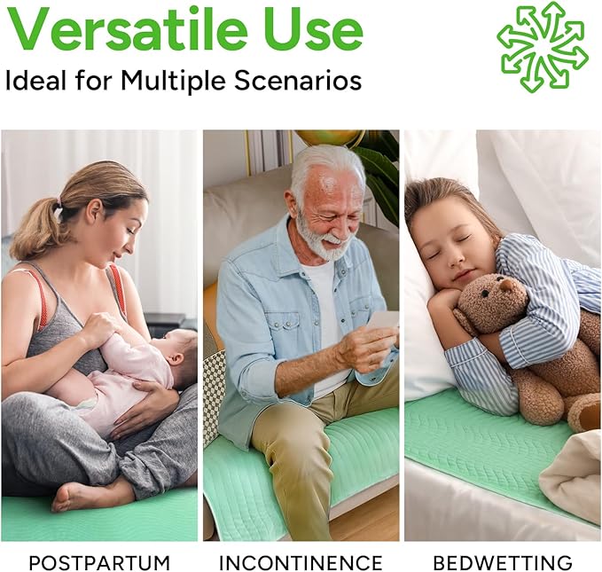 WhyWorry Washable Bed Pads for Adult Incontinence, 34" x 36" (Pack of 4) Washable Pee Pads for Bed Wetting, Heavy Absorbency Reusable Underpads for Elderly & Kids, Waterproof Mattress Protector, Green
