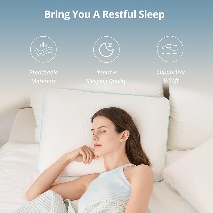 EGOHOME Memory Foam Pillow for Sleeping Standard Size, Medium Soft Bed Pillow with Washable Removable Cover for Back, Stomach, Side Sleepers, White 24" x 16"
