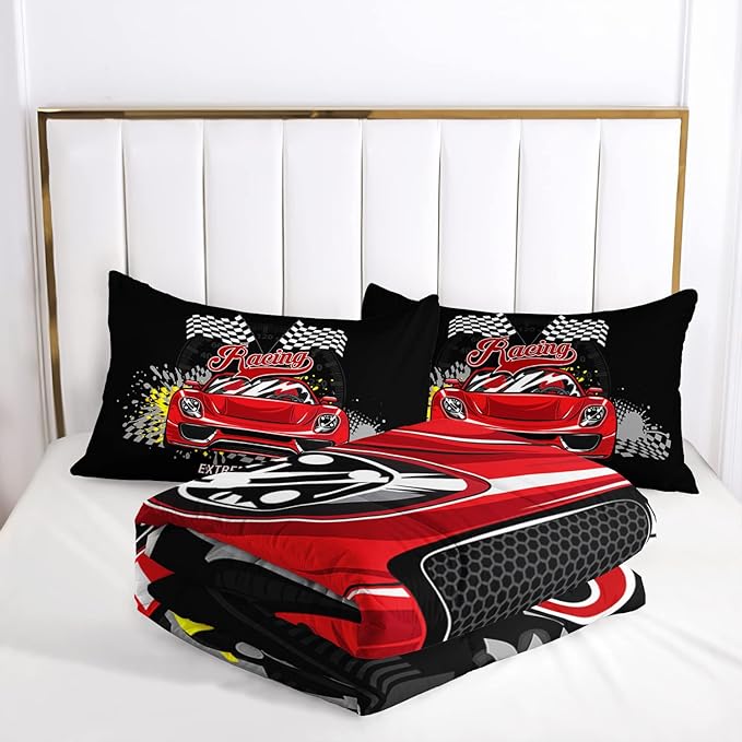AILONEN Racing Car Comforter Set Twin Size, Plaid Patterns and Cool Speed Race Car for Kids Boys Girls Teens Bedroom,3 Pieces,1 Quilt and 2 Pillowcases,Soft,Breathable