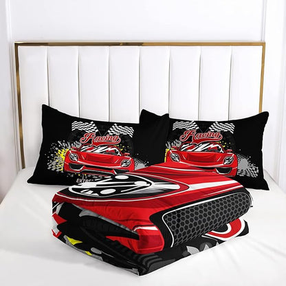 AILONEN Racing Car Comforter Set Twin Size, Plaid Patterns and Cool Speed Race Car for Kids Boys Girls Teens Bedroom,3 Pieces,1 Quilt and 2 Pillowcases,Soft,Breathable