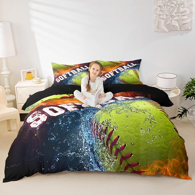 Castle Fairy 3D Softball Comforter Cover Full Size,Ice and Fire Bedding Sets for Kids Teens Adults Room Decor,Boyes Gamer Bed Sets Soft 3Pcs,Ball Sports Gaming Duvet Cover with 2 Pillowcase