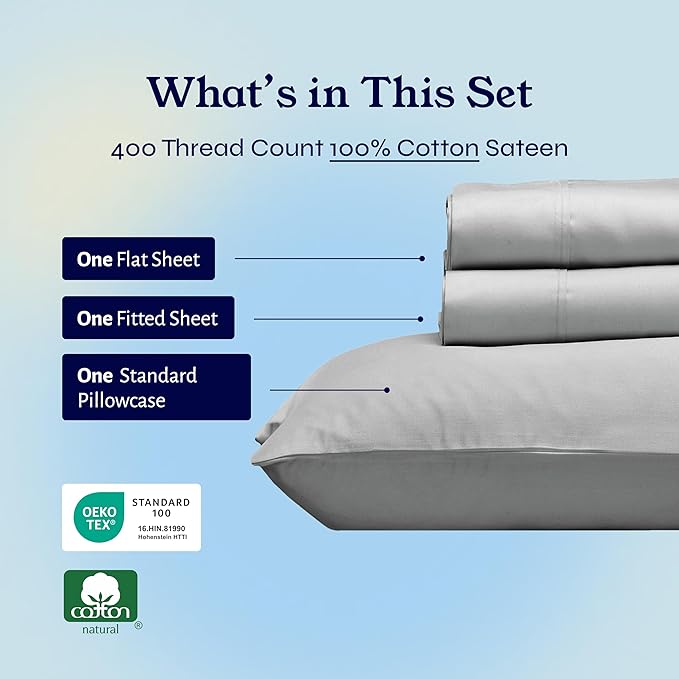 California Design Den Natural 100% Cotton Sheets, Twin Sheets Set, 400 Thread Count Sateen Bedding for Dorm Rooms & Adults, Deep Pockets, Durable - Light Grey