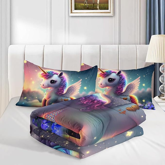 Kid Galaxy Unicorn Comforter Set Full Size 3Pcs Floral Daisy Quilt Bedding Set for Boys Girls with 1 Comforter and 2 Pillowcases
