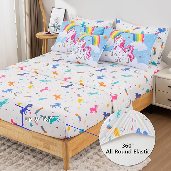 Unicorn Full Bedding Sets for Girls Kids Teens, 8 Piece Bed in a Bag Purple Rainbow Theme Unicorn Comforter Set Bedroom Decor with Printed Sheet Set