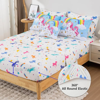 Unicorn Full Bedding Sets for Girls Kids Teens, 8 Piece Bed in a Bag Purple Rainbow Theme Unicorn Comforter Set Bedroom Decor with Printed Sheet Set