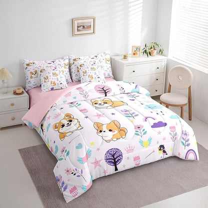 Erosebridal 7 Piece Bed in a Bag Twin Size Comforter Set for Kids Floral Corgi Dog Bedding Set,Cartoon Zoo Animal Reversible Bed Set,Cute Flower Comforter with Sheet Set,All Season