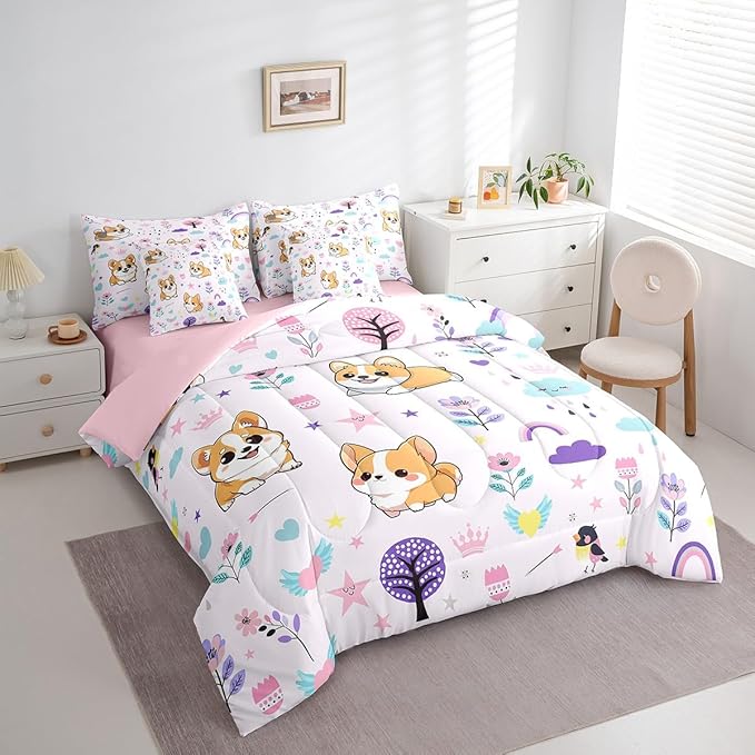 Erosebridal 7 Piece Bed in a Bag King Size Comforter Set for Kids Floral Corgi Dog Bedding Set,Cartoon Zoo Animal Reversible Bed Set,Cute Flower Comforter with Sheet Set,All Season