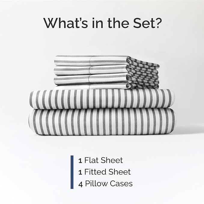 Full 6 Piece Sheet Set - Comfy Breathable & Cooling - Soft Hotel Luxury Bedding Set with 8-16 Inch Deep Pockets - 1 Flat & 1 Fitted Sheet & 4 Pillowcases - Wrinkle Free & Easy Care - Grey Stripes 2