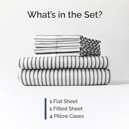 Full 6 Piece Sheet Set - Comfy Breathable & Cooling - Soft Hotel Luxury Bedding Set with 8-16 Inch Deep Pockets - 1 Flat & 1 Fitted Sheet & 4 Pillowcases - Wrinkle Free & Easy Care - Grey Stripes 2