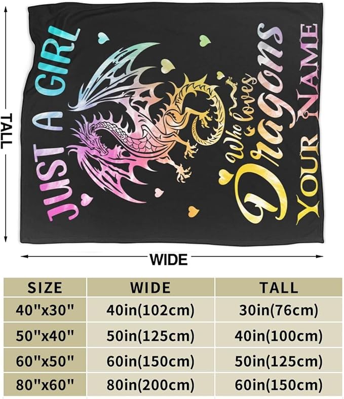 Custom Dragon Blanket with Name for Women Men, Personalized Cute Dragon Themed Design Printed Throw Blankets for Teens Adults Couch Bed, Giftable Blanket, 60"x 80"