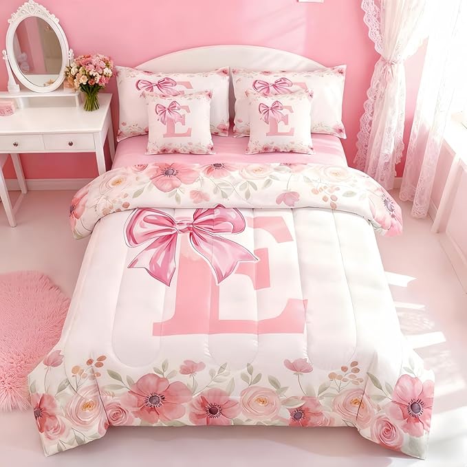 Erosebridal Cute Girly Bow Bedding Sets, Initial Letter E Bed in A Bag Twin Size for Girls Kids Woman Flower Floral Comforter Set with Sheets Fresh Style Spring Bed Set Bedroom Decor 7 Pieces