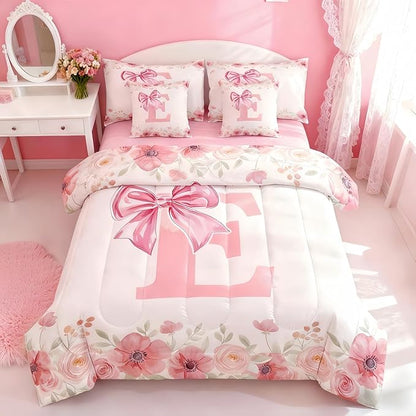 Erosebridal Cute Girly Bow Bedding Sets, Initial Letter E Bed in A Bag Full Size for Girls Kids Woman Flower Floral Comforter Set with Sheets Fresh Style Spring Bed Set Bedroom Decor 7 Pieces