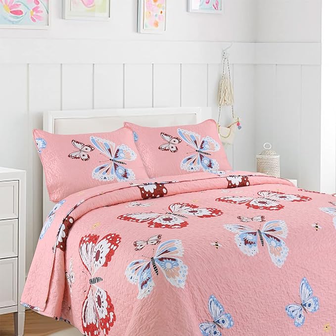 Cozy Line Home Fashions Pink Microfiber Reversible Girls Coverlet Bedspread Quilt Set, Bedspread, Coverlet (Butterflies, Queen - 3 Pieces)