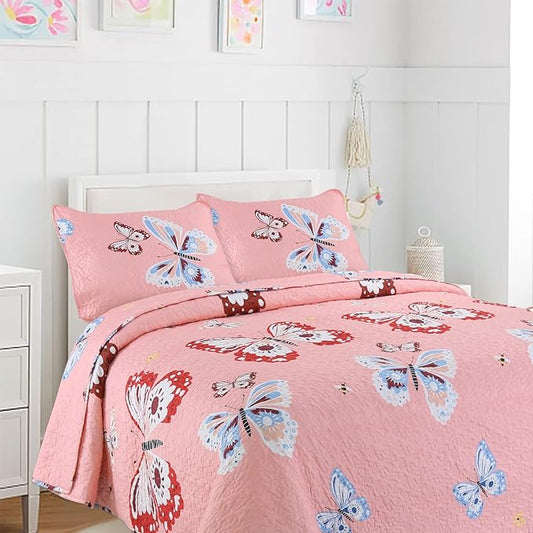 Cozy Line Home Fashions Pink Microfiber Reversible Girls Coverlet Bedspread Quilt Set, Bedspread, Coverlet (Butterflies, Queen - 3 Pieces)
