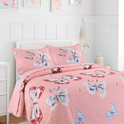 Cozy Line Home Fashions Pink Microfiber Reversible Girls Coverlet Bedspread Quilt Set, Bedspread, Coverlet (Butterflies, Twin - 2 Pieces)