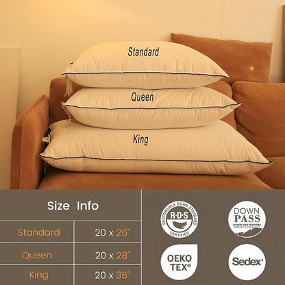 Luxurious Down Pillows - Standard Size, High Fill Power, Breathable Cotton Blend Shell,Down Pillow Ideal for Every Night - Pack of 1 (20" x 26")