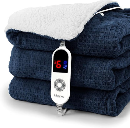 Heated Blanket Electric Throw Waffle, 50x60 Inches Sherpa Fleece Fast Heating Blanket 6 Heating Levels & 4 Hours Auto Off ETL Certification, Navy Throw