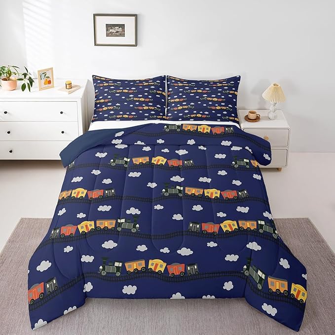 Erosebridal Cartoon Train Bedding Sets Navy Locomotive Train Comforter Set King,Smoking Steam Engine Down Comforter for Kids Toddler Cute Clouds Transportation Cars Duvet Insert 3 Pieces
