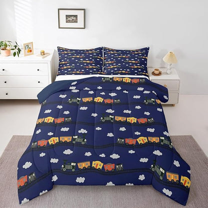 Erosebridal Cartoon Train Bedding Sets Navy Locomotive Train Comforter Set King,Smoking Steam Engine Down Comforter for Kids Toddler Cute Clouds Transportation Cars Duvet Insert 3 Pieces
