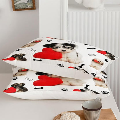 Cute Dog Comforter Set, Cartoon Paw and Bone Print Bedding Home Decor, Pet Puppy White Comforter Queen Size