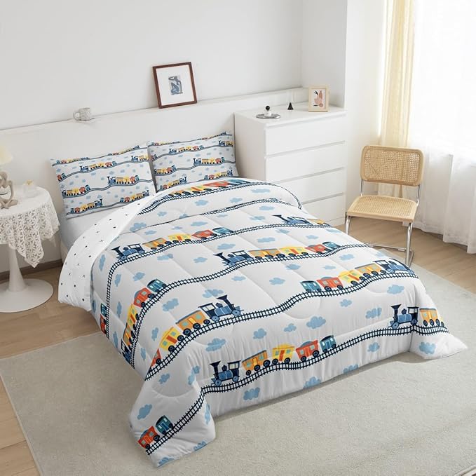 Erosebridal Train Bedding Sets Navy Locomotive Train Comforter Set Full,Cartoon Steam Engine Down Comforter for Kids Toddler Cute Clouds Transportation Cars Duvet Insert with 2 Pillowcases