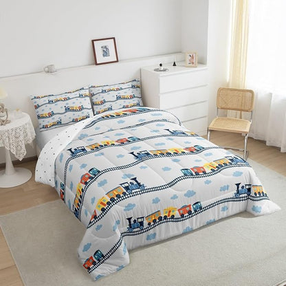 Erosebridal Train Bedding Sets Navy Locomotive Train Comforter Set Full,Cartoon Steam Engine Down Comforter for Kids Toddler Cute Clouds Transportation Cars Duvet Insert with 2 Pillowcases