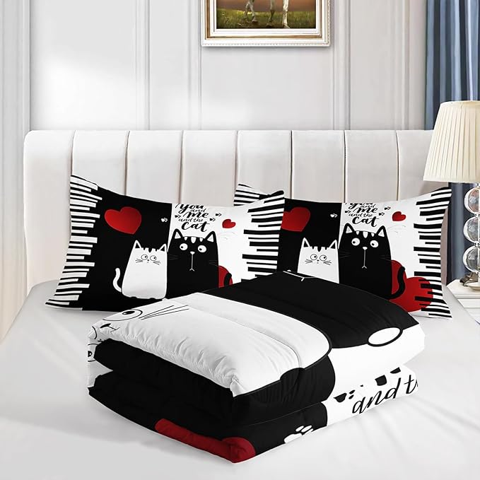 Kawaii Pet Cat Themed Comforter 3Pcs Twin Lover's Kitten Animal Bedding Set for Cat Lover Kid Teen Girl Boy Black White Cat Heart Pattern Quilt Bed Decor with 1 Comforter and 2 Pillowcases