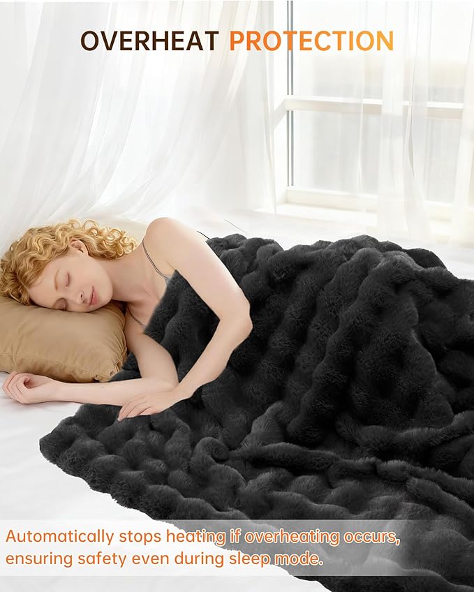 GarveeHome Heated Blanket King, Dual Control Faux Fur Electric Heating Blanket with 4 Heat Settings, Soft Bubble Blanket with 8 Hour Auto-Off & Overheat Protection, for Gifts Couch or Bed, Dark Grey