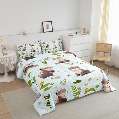Watercolor Otter Comforter Set Queen Size Cartoon Fish Wild Butterfly Dragonfly Bedding Comforter for Kids Boys Girls Teens Pond Green Lotus Leaf Cute Animals Bedroom Quilt Set with 2 Pillowcases