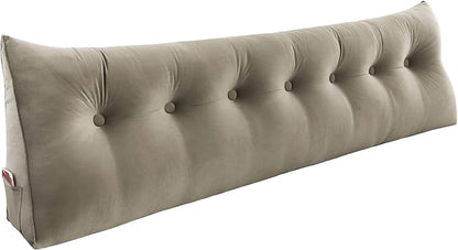 WOWMAX 100% Cotton Velvet Headboard Pillow – King Size Wedge Back Support Reading Bolster for Bed & Daybed, Handmade Firm Support Cushion with Removable Cover, Soft Luxury Bed Rest Pillow, Beige Gray