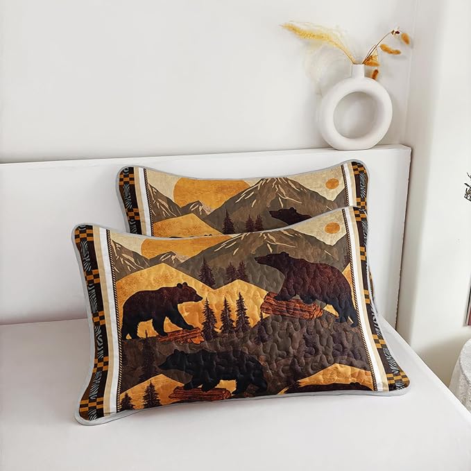 AILONEN Rustic Bear King Size Quilt Set,Wild Animal Hunting Themed Bedspread Coverlet + 2 Pillowcases,3-Piece Woodland Brown Bear Bed Cover for Boys Girls