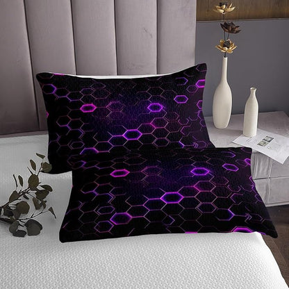 Erosebridal Geometric Bedding Set Hexagons Texture Coverlet Set King Size for Boys Girls Teens,Trippy Geometric Bedspread Galaxy Quilt Set Soft Cozy Bedroom Decor Purple Violet