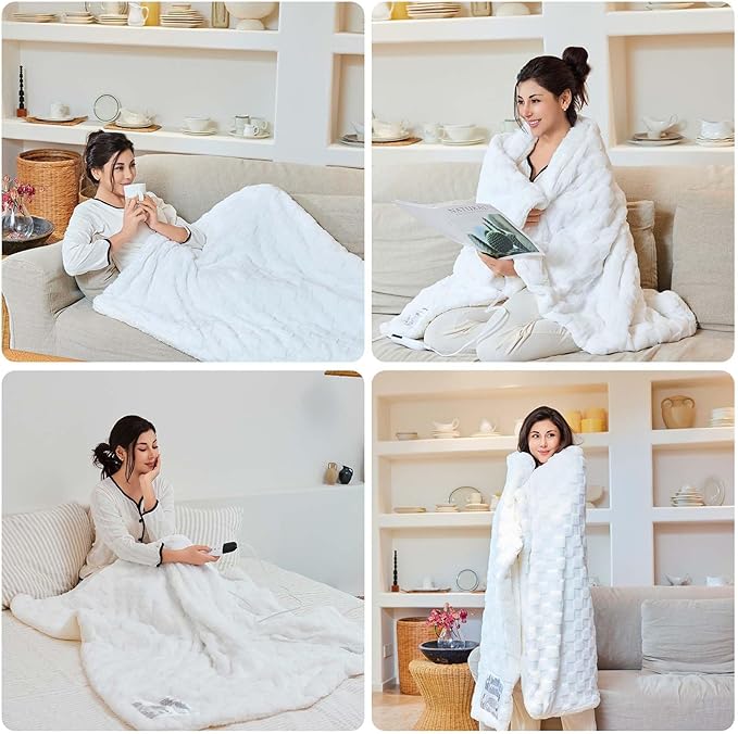 Electric Blanket, Heated Blanket with 6 Heat Levels & 10 Hours Auto Off, Soft Checked Flannel Fast Heating Blanket with ETL & FCC Certification (White, 62"X84")