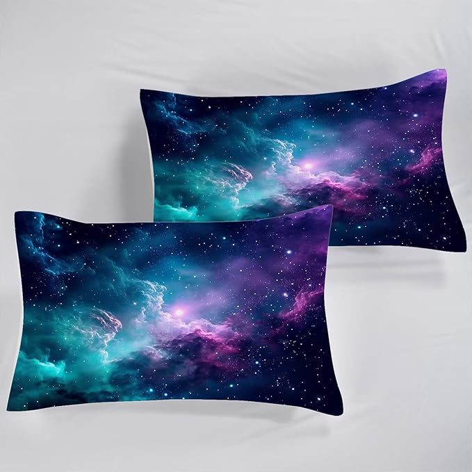 Blue Galaxy Sheet Set: Space Bedding Set Full/Queen Size for Women Kids Teens Girls Boys Cloud Starry Sky Bedroom Bed - 1 Flat Sheet, 1 Fitted Sheet, 2 Pillowcases