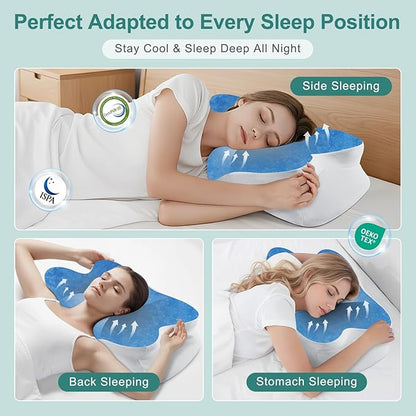 DONAMA Cervical Neck Pillow- Ergonomic Pillows for Pain Relief, Contour Memory Foam Pillow for Side/Back/Stomach Sleepers, CertiPUR-US Certified with Cooling Ice Silk Pillowcase