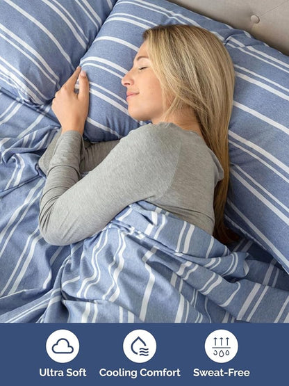 Extra Deep Split King Sheet Set - 7 Piece Breathable & Cooling Sheets - Hotel Luxury Bed Sheets Set - Easy Fit - Soft, Wrinkle Free & Comfy Sheets Set - Blue Striped Sheet Set w/Extra Deep Pockets