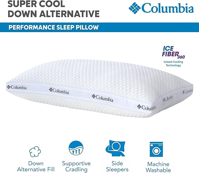 Columbia Comfort Ice Fiber Side Sleeper Down Alternative Bed Pillow with Polyester Fiberfill, Supportive Cooling Double Sided Breathable Cover (Side Sleeper, Standard/Queen (Pack of 1))