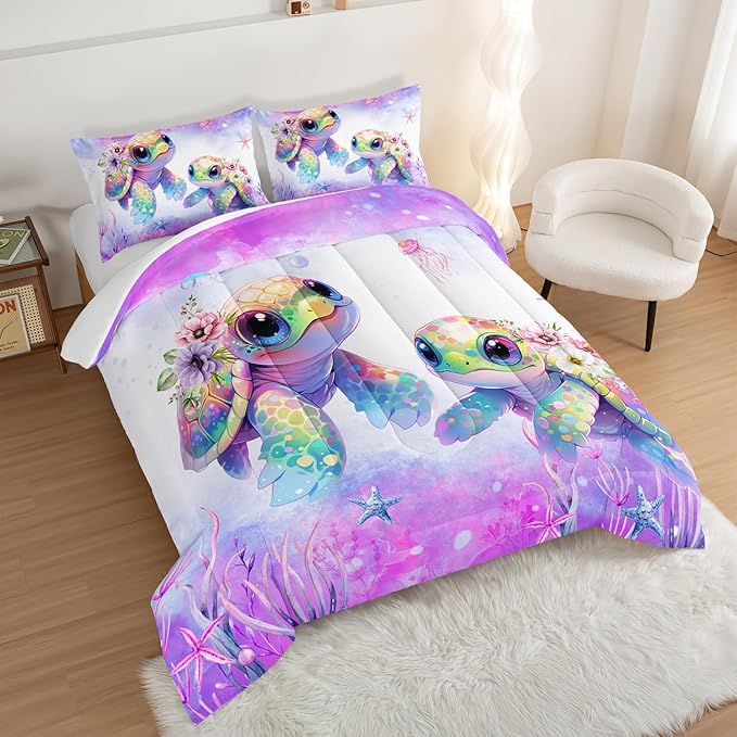 Kids Comforter Set Turtle Printed Pattern Bedding Set Twin Size,Purple Waterweed Jellyfish Starfish Pattern Bedding Set for Kids Girls Boys Room Decor with 2 Pillowcases.