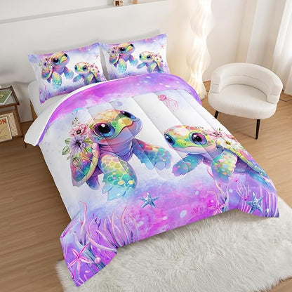 Kids Comforter Set Turtle Printed Pattern Bedding Set Full Size,Purple Waterweed Jellyfish Starfish Pattern Bedding Set for Kids Girls Boys Room Decor with 2 Pillowcases.