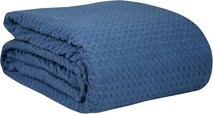HILLFAIR 100% Combed Cotton Blanket– Queen Size Bed Blanket– Warm Soft All Season Breathable Lightweight Summer Blankets– Waffle Weave Home Decor Bed Blanket- Navy Queen Bed Cotton Blankets/Bedcover