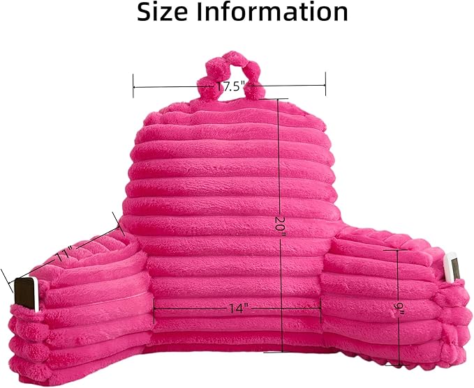 Faux Fur Fluffy Hot Pink Reading Pillow with Pockets, Luxury Striped Plush Decorative, Arm Rests and Back Support for Bed Rest, Lounging on Sofa, Extra Large Size for Adult.