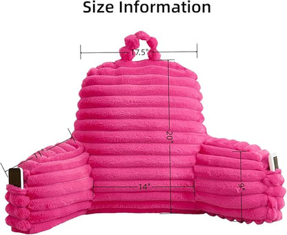 Faux Fur Fluffy Hot Pink Reading Pillow with Pockets, Luxury Striped Plush Decorative, Arm Rests and Back Support for Bed Rest, Lounging on Sofa, Extra Large Size for Adult.