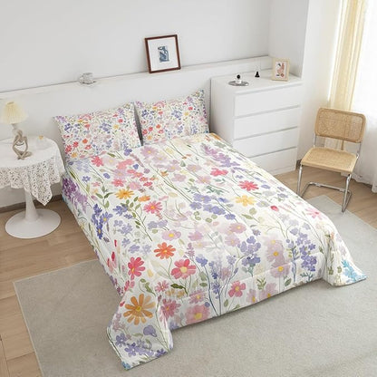 Erosebridal Colorful Floral King Comforter Set for Girls Boys Kids,Pink Purple Cute Flower Bedding Set Boho Bedroom Decor,Watercolor Wildflower Quilt Bed Set Rustic Flowers Bed Comforter Set 3Pcs