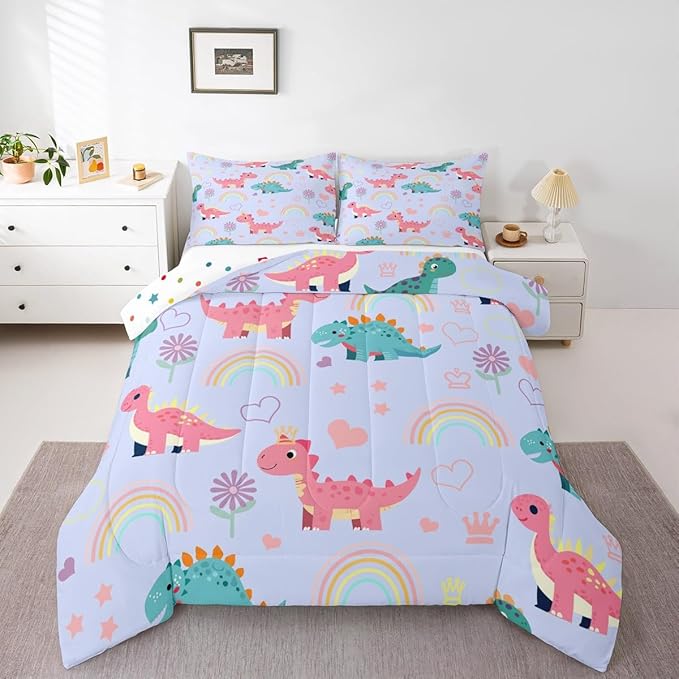 Kawaii Dino Kids Bedding Sets Cute Rainbow Floral Love Heart Reversible Comforter for Boys Blue Pink Dinosaur Lovely Animal Quilt Set Soft Duvet Insert,1 Pillowcase Toddler Size