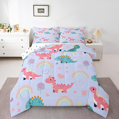 Castle Fairy Kawaii Dino Kids Comforter Set Queen Size,Cute Rainbow Floral Love Heart Reversible Bedding Set for Girls Bedroom Decor Blue Pink Dinosaur Lovely Animal Quilted Duvet,2 Pillowcases