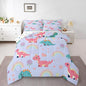 Castle Fairy Kawaii Dino Kids Comforter Set King Size,Cute Rainbow Floral Love Heart Reversible Quilted Duvet with 2 Pillowcases Blue Pink Dinosaur Lovely Animal Comforter for Boys Teens Bedroom