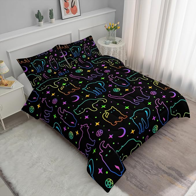 Axolotl Neon Cat Bedding Comforter Set King,Cartoon Gradient Line Cat Bedding,Colorful Neon Cats Animal Bed Set,Moon Stars Printed Kids Bedding for Boys Girls Adults,1 Quilt 2 Pillow Cases,Black